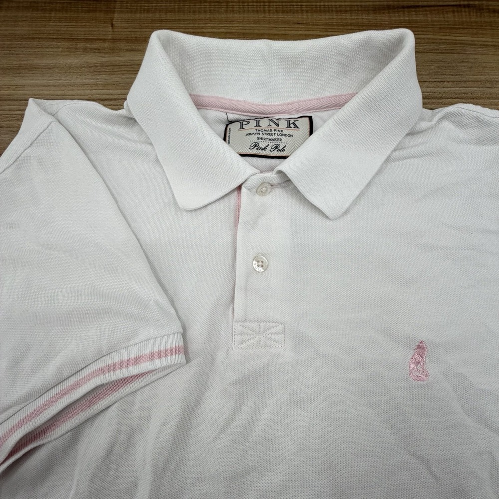 Thomas Pink Polo Shirt Mens Large White Cotton Knit Fox Logo‎ Short Sleeve